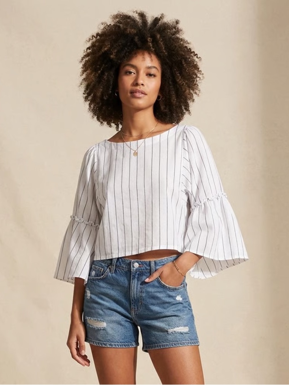 GRADE & GATHER | Striped Bell Sleeve Cropped Top Sz S